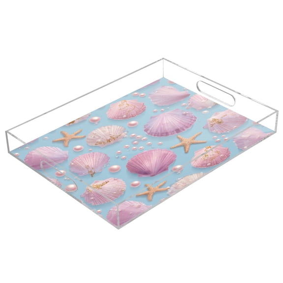 Acrylic Tray Clear Serving Tray Rectangle Decorative Tray with Cut Handle Seashells and Pearls Pattern