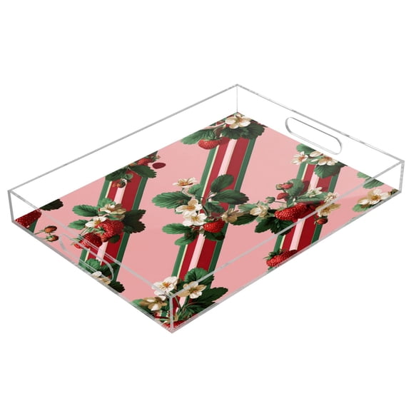Acrylic Tray Clear Serving Tray Rectangle Decorative Tray with Cut Handle Strawberry and Ribbon