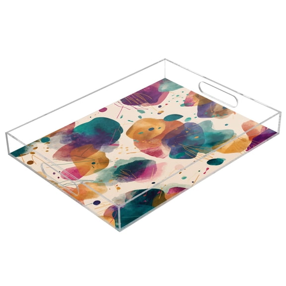 Acrylic Tray Clear Serving Tray Rectangle Decorative Tray with Cut Handle Teal and Orange Abstract Shapes