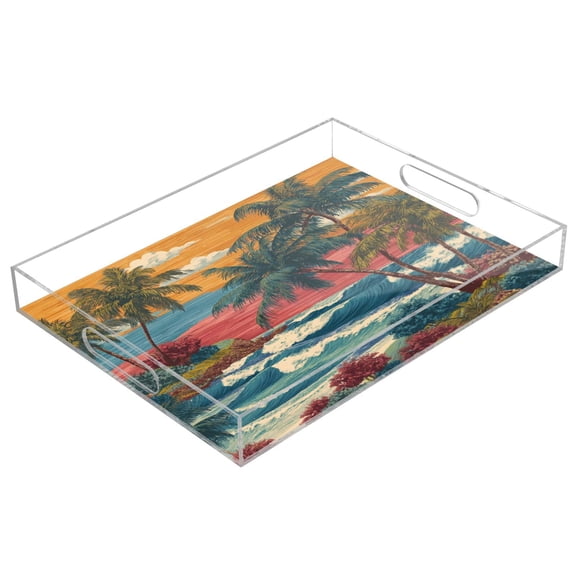 Acrylic Tray Clear Serving Tray Rectangle Decorative Tray with Cut Handle Tropical Beach Pattern