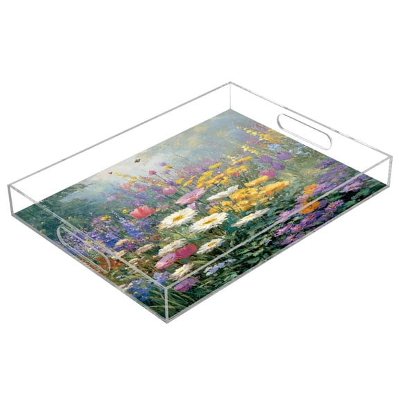 Acrylic Tray Clear Serving Tray Rectangle Decorative Tray with Cut Handle Vibrant Garden Filled