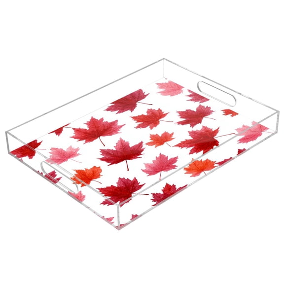 Acrylic Tray Clear Serving Tray Rectangle Decorative Tray with Cut Handle Vibrant Red Maple Leaves
