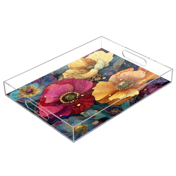 Acrylic Tray Clear Serving Tray Rectangle Decorative Tray with Cut Handle Vibrant and Intricate Flowers