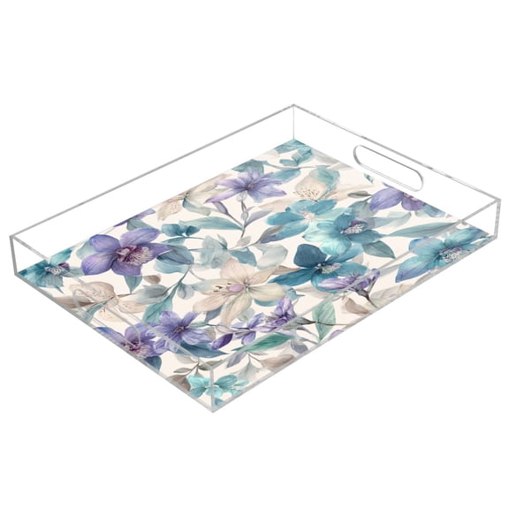 Acrylic Tray Clear Serving Tray Rectangle Decorative Tray with Cut Handle Watercolor Orchids and Lilies