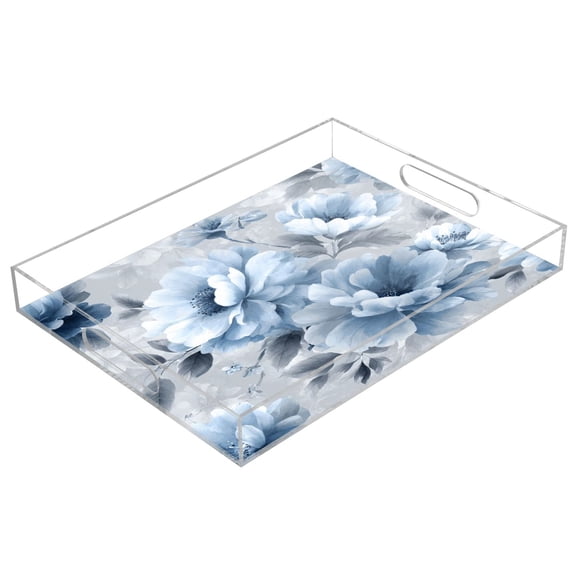 Acrylic Tray Clear Serving Tray Rectangle Decorative Tray with Cut Handle White Floral Pattern