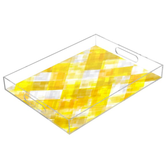 Acrylic Tray Clear Serving Tray Rectangle Decorative Tray with Cut Handle Yellow and White Checkered Squares