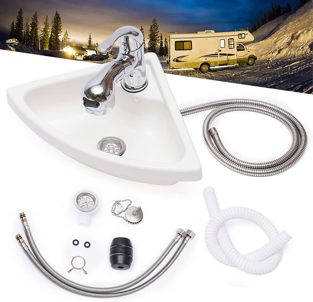 Wall Mount Corner Bathroom Sink, RV Corner Sink Acrylic Triangle Wall-Mounted Bathroom Basin with Faucet & Hose for Camper Van Boat Caravan, White