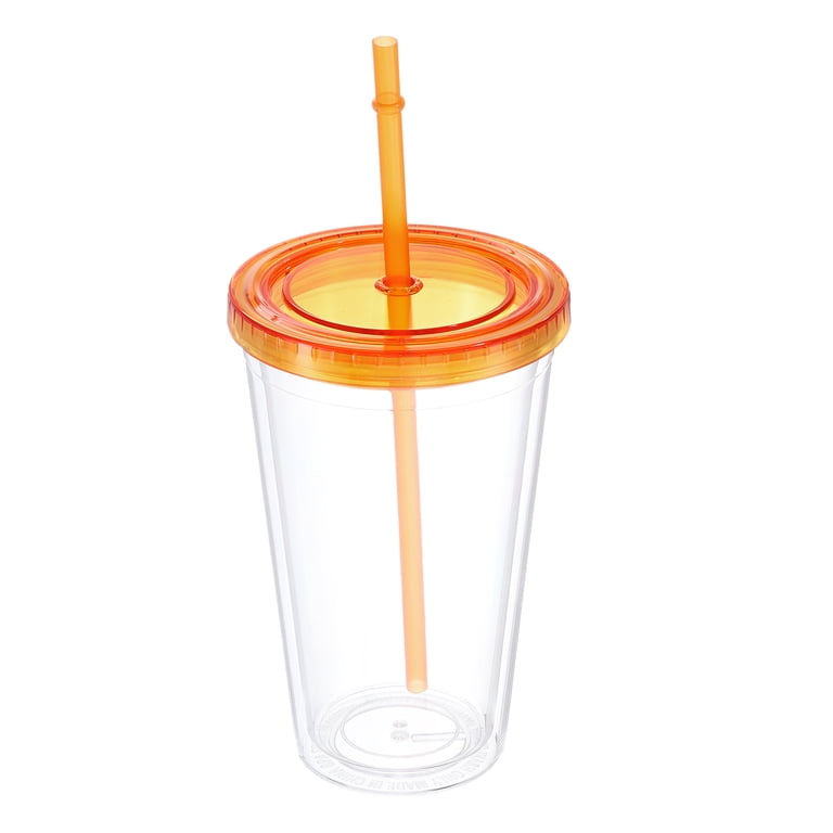 Acrylic Tumbler with Lid and Straw, 16 oz Reusable Double Wall Cups, Clear Travel Tumblers (Orange)