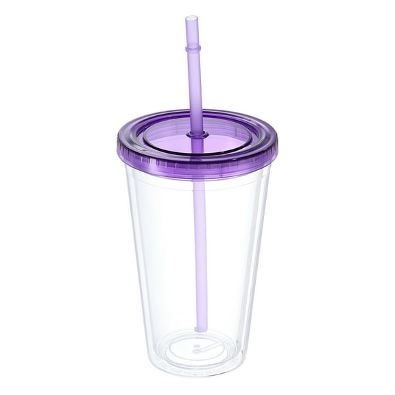Acrylic Tumbler with Lid and Straw, 16 Oz Reusable Double Wall Cups, Clear Travel Tumblers (Purple)