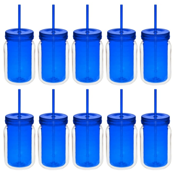 Acrylic Tumblers with Straw 18 oz. Set of 10, Bulk Pack - Perfect for Smoothies, Iced Coffee, Soda, Other Beverages - Blue
