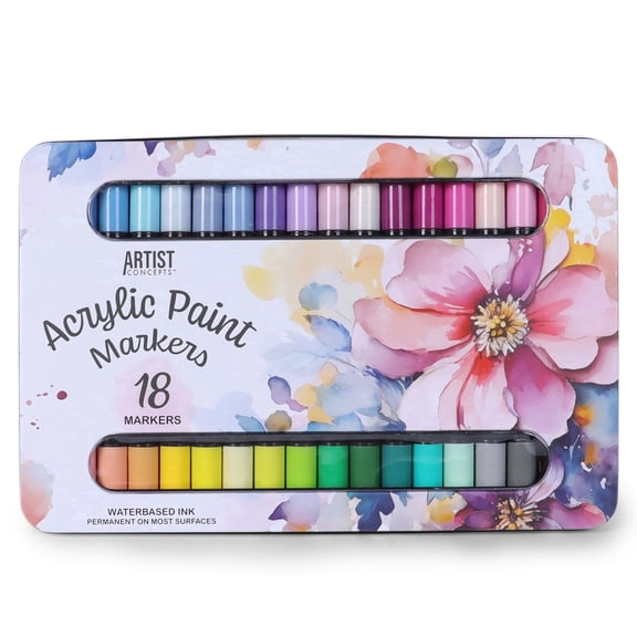 Artist Concepts Acrylic Paint Marker Set with Metal Casing, Fine & Chisel Tip Acrylic Markers, Multicolor, 18 Count