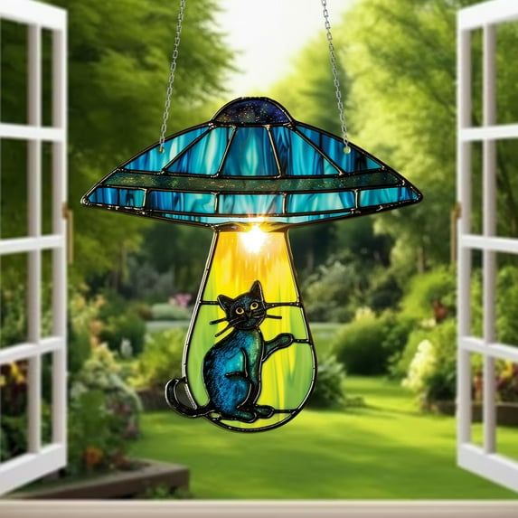 Acrylic UFO Cat Hanging Lamp - 2D Stained Glass Design for Playful and Stylish Home Decor