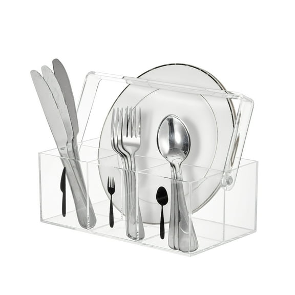 Acrylic Utensil Caddy with Handle, Paper Plate Dispenser, Plastic Silverware Organizer and Flatware Holder for Kitchen Countertop, Parties, Outdoor Picnic