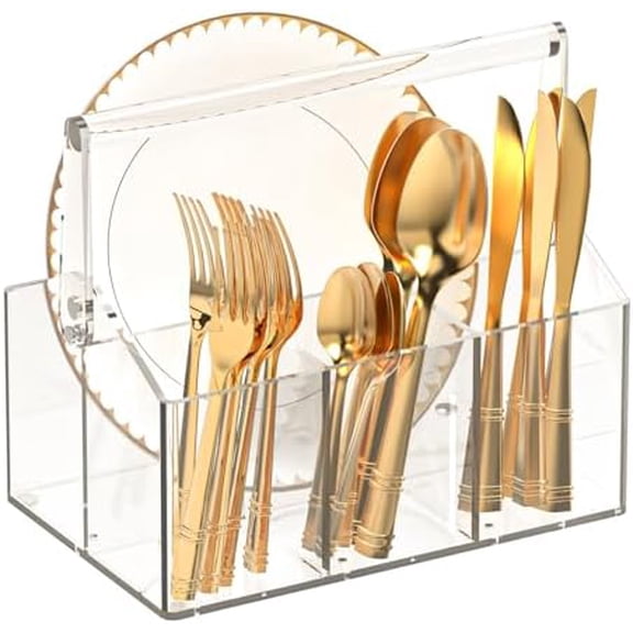 Acrylic Utensil Caddy.Silverware Organizer & Utensil Holder-Heavy-Duty Countertop Cutlery Caddy for Spoons, Forks, Knives, Napkins, Plates | Space-Saving Table, Buffet, Picnic Party Essential