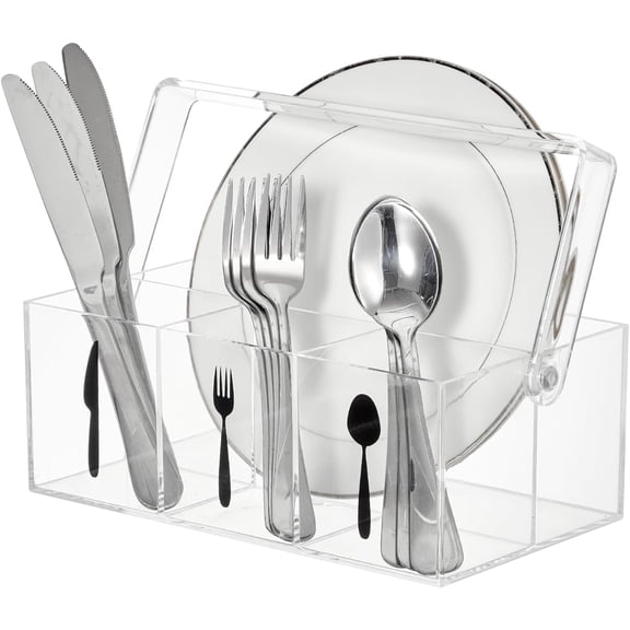 Acrylic Utensil Caddy with Handle – Plastic Silverware and Flatware Organizer with Paper Plate Dispenser for Kitchen, Parties & Outdoor Picnic