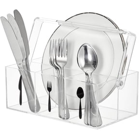 Acrylic Utensil Caddy with Handle Plastic Silverware and Flatware Organizer with Paper Plate Dispenser for Kitchen, Parties & Outdoor Picnic