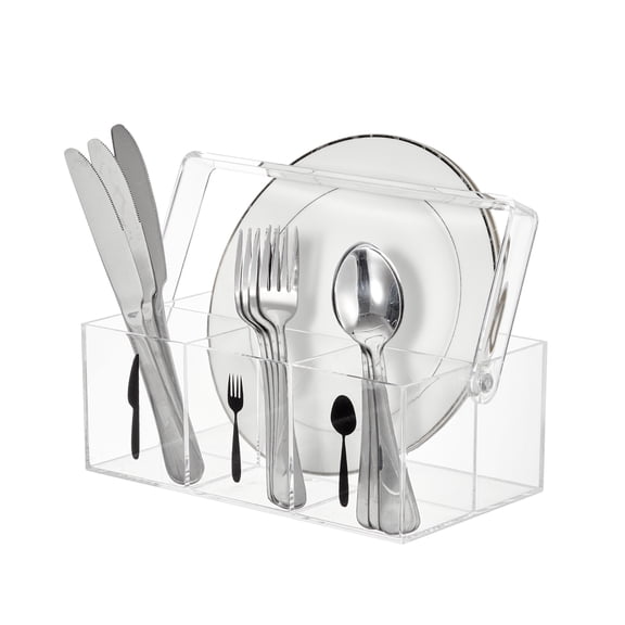 Acrylic Utensil Caddy with Handle Transparent Cutlery Holder with Paper Plate Dispenser for Kitchen, Party & Picnic 24x13.5x9cm