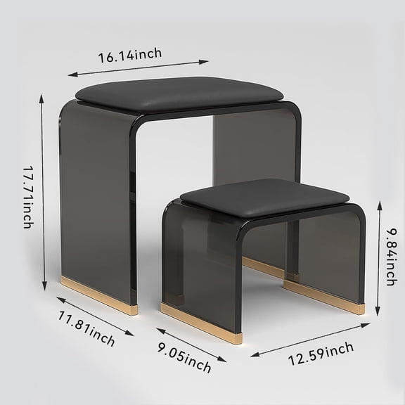 Acrylic Vanity Stool with PU Leather Cushion, Modern Footrest Bench for Bedroom, Entryway, Living Room, Makeup Chair, Shoe Bench, U-Shaped Acrylic Seat (Gray,12.2" × 9.1" × 10.2")