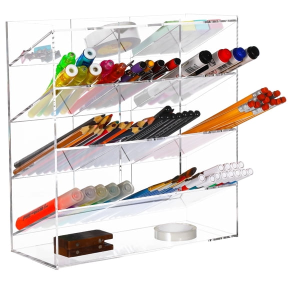 Acrylic Vertical Marker Holder, 13 Compartment Desktop Pen Organizer, Clear Slanted Pencil Display, Art Supply Container, Generous Capacity for Markers