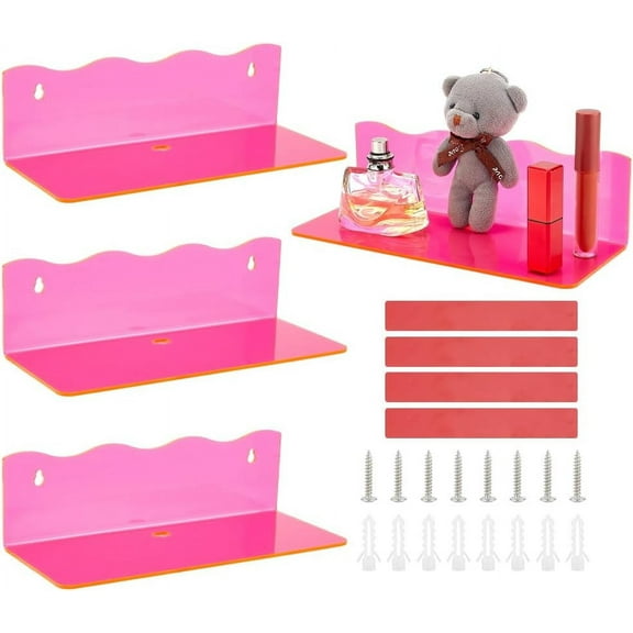 Acrylic Wall Mounted Display 4 Sets Pink Floating Shelf Home Wall Display Ledges for Storage Wall Hanging Shelf for Kitchen Bathroom Living Room Collectibles 9.8x4x2.9 Inch Beige