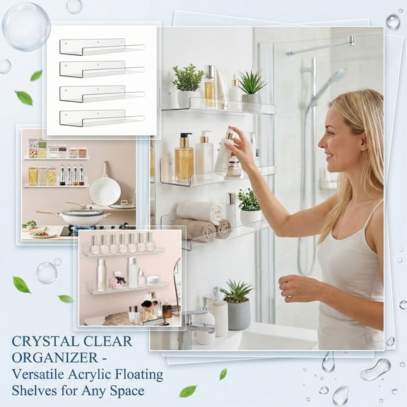 Acrylic Wall Mounted Shelf for Bathroom Kitchen Bedroom Floating Storage Rack to Organize Small Items 16x4Inch