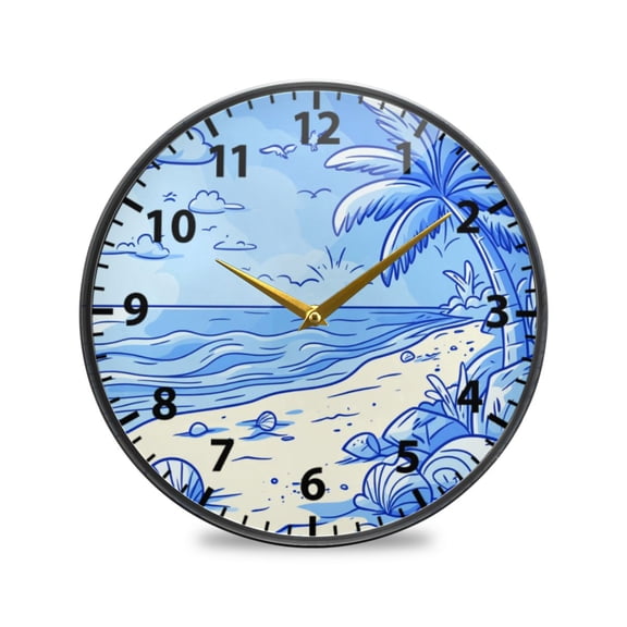 Acrylic Wall and Table Clock Beach Scene 11.9in Modern Decor with Golden Hands