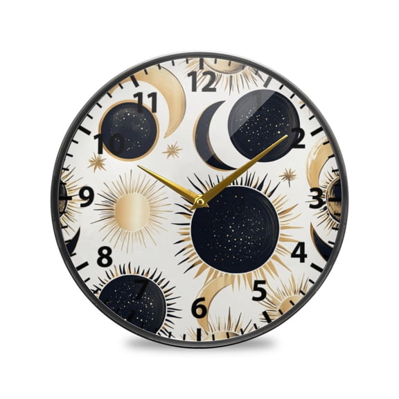 Black Sun and Moon Pattern Wall Clock Modern Decor Acrylic Clock Golden Hands 9.5in