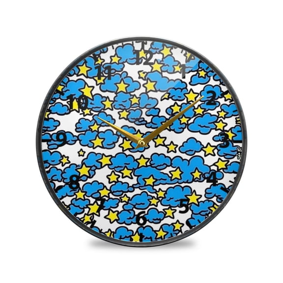 Blue Clouds and Stars Wall Clock Modern Decor Acrylic Clock Golden Hands 9.5in