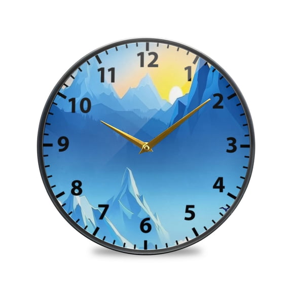 Acrylic Wall and Table Clock Blue Mountain Sunrise 9.5in Modern Decor with Golden Hands