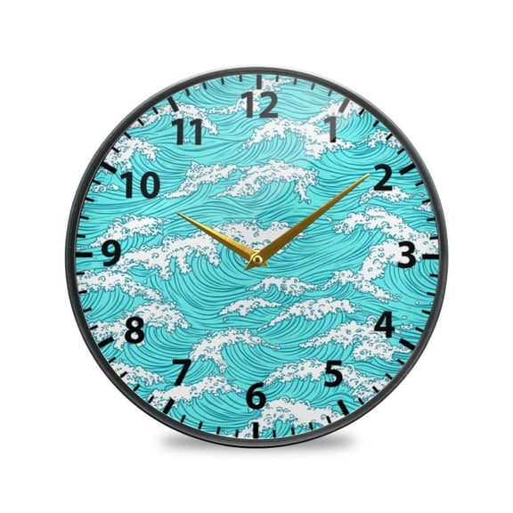 Blue Ocean Waves Pattern Wall Clock Modern Decor Acrylic Clock Golden Hands 9.5in