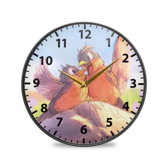 Cartoon Birds Singing Wall Clock Modern Decor Acrylic Clock Golden Hands 9.5in