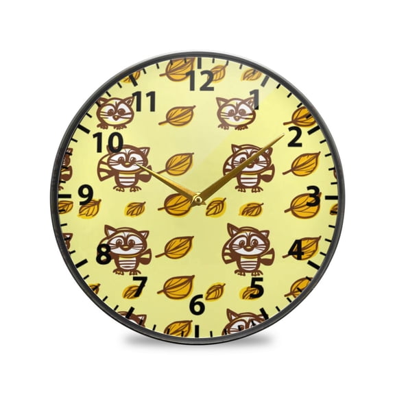 Cartoon Raccoons with Leaves Wall Clock Modern Decor Acrylic Clock Golden Hands 11.9in