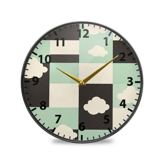 Checkered Pattern with Clouds Wall Clock Modern Decor Acrylic Clock Golden Hands 9.5in
