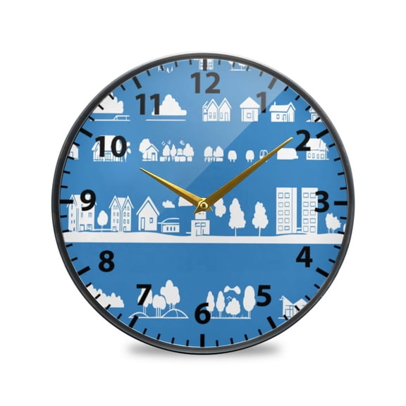 Acrylic Wall and Table Clock Cityscape Icons Pattern 9.5in Modern Decor with Golden Hands