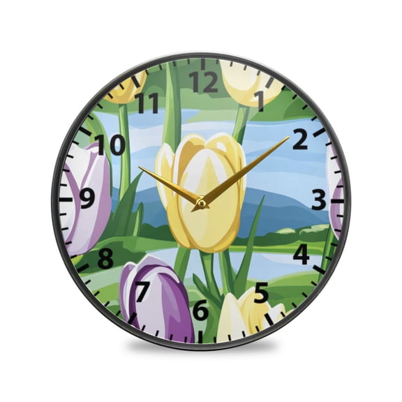 Acrylic Wall and Table Clock Colorful Tulip Garden 9.5in Modern Decor with Golden Hands