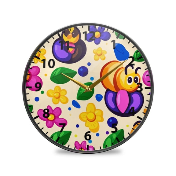 Cute Bugs and Flowers Wall Clock Modern Decor Acrylic Clock Golden Hands 9.5in
