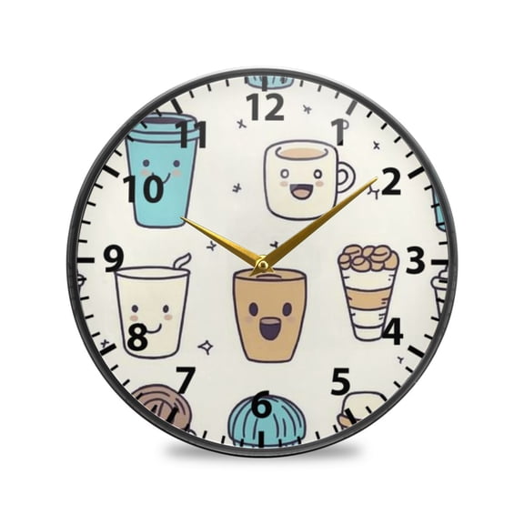 Acrylic Wall and Table Clock Cute Coffee and Desserts Pattern 9.5in Modern Decor with Golden Hands