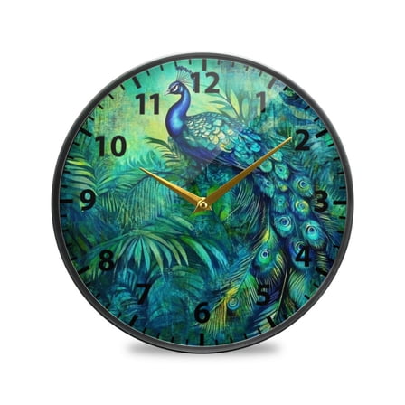 Elegant Peacock in Green Wall Clock Modern Decor Acrylic Clock Golden Hands 9.5in