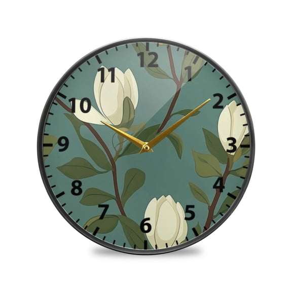 Elegant White Magnolia Branches Wall Clock Modern Decor Acrylic Clock Golden Hands 9.5in