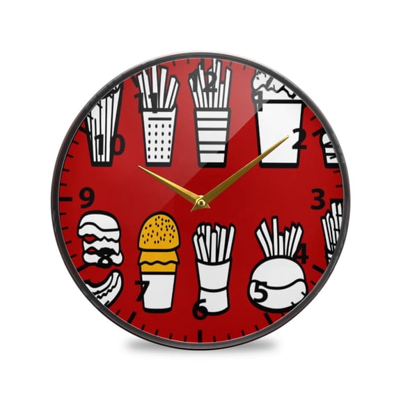 Fast Food Collection Pattern Wall Clock Modern Decor Acrylic Clock Golden Hands 9.5in