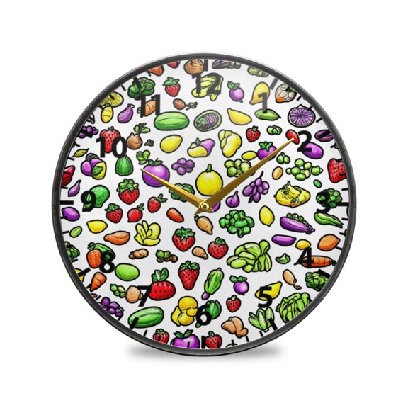 Acrylic Wall and Table Clock Fruits and Vegetables Pattern 11.9in Modern Decor with Golden Hands