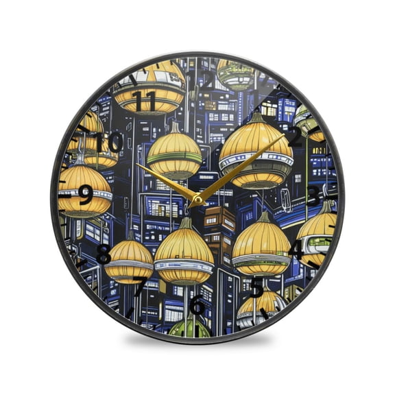 Futuristic City Wall Clock Modern Decor Acrylic Clock Golden Hands 9.5in