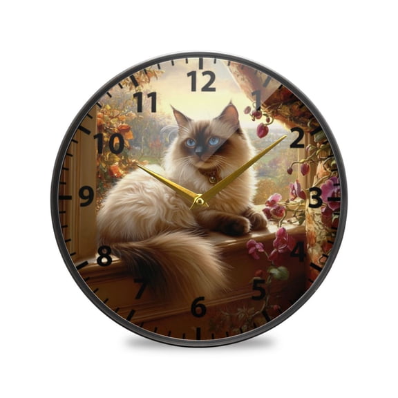 Graceful Siamese Cat Pattern Wall Clock Modern Decor Acrylic Clock Golden Hands 9.5in