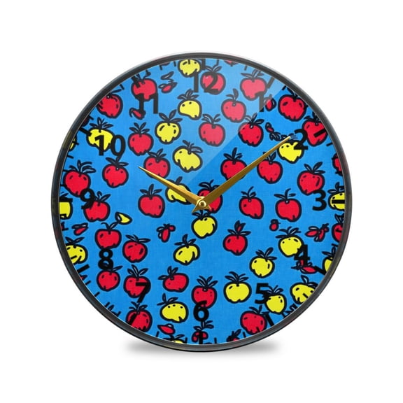 Acrylic Wall and Table Clock Hand Drawn Apples Pattern 11.9in Modern Decor with Golden Hands