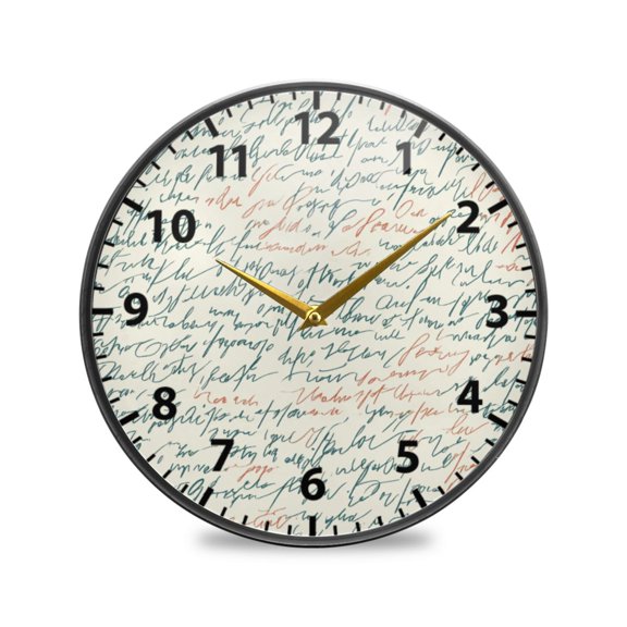 Handwritten Text Pattern Wall Clock Modern Decor Acrylic Clock Golden Hands 9.5in