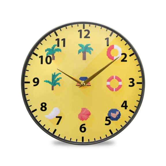 Icons Pattern Wall Clock Modern Decor Acrylic Clock Golden Hands 9.5in