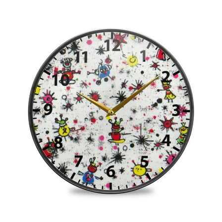 Acrylic Wall and Table Clock Interesting Hand Drawn Creatures 9.5in Modern Decor with Golden Hands