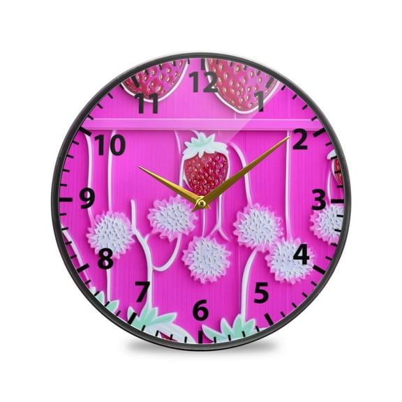 Acrylic Wall and Table Clock Interesting Strawberry Pattern 11.9in Modern Decor with Golden Hands