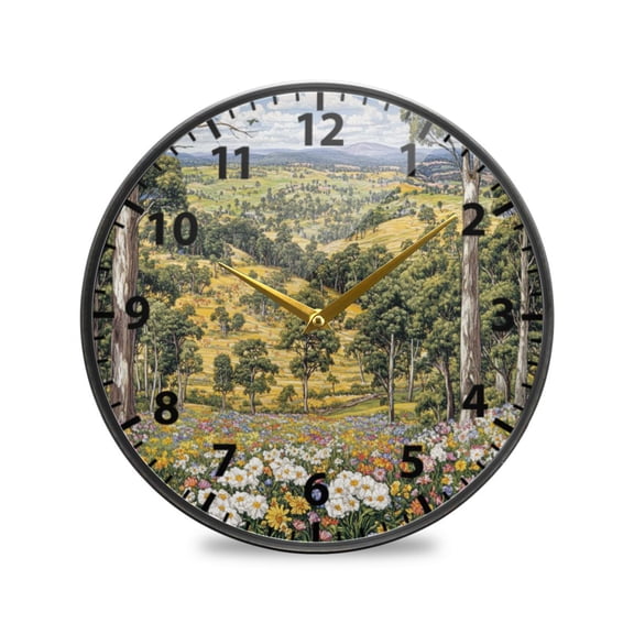 Landscape Print Wall Clock Modern Decor Acrylic Clock Golden Hands 9.5in