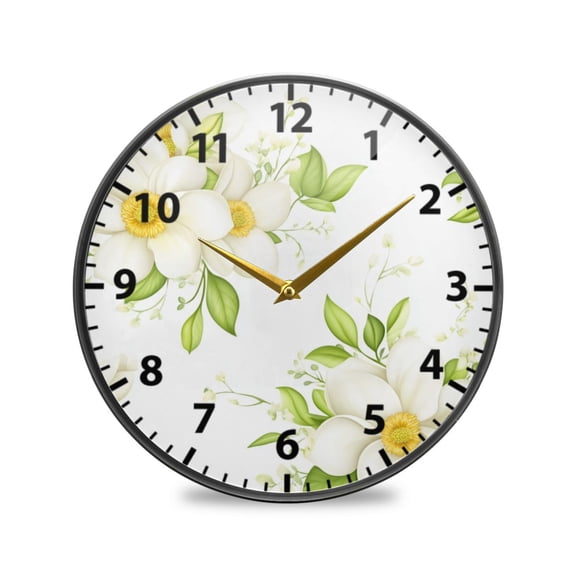 Acrylic Wall and Table Clock Magnolia Blooms Pattern 11.9in Modern Decor with Golden Hands
